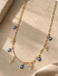 Collar Ojos Turcos y Cruces 4703 Oro Laminado 18K Amarillo Esmalte Azul Blanco y Negro Largo