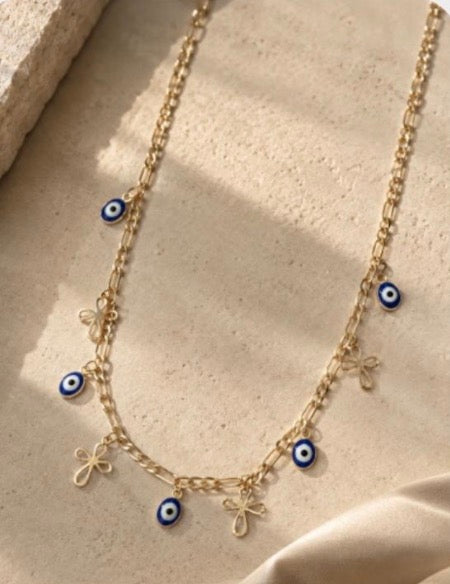 Collar Ojos Turcos y Cruces 4703 Oro Laminado 18K Amarillo Esmalte Azul Blanco y Negro Largo